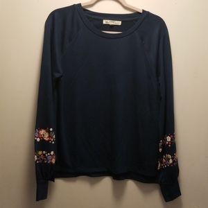 Turquoise Sweater with Flowers on Sleeves